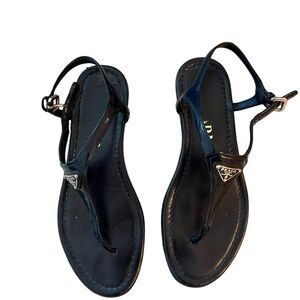 Prada Navy Blue Patent leather triangle logo T strap thong sandals EU 35